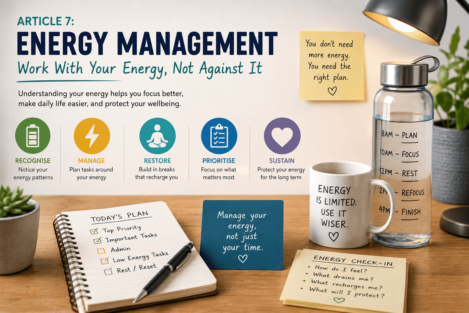 Adult ADHD and energy management shown through matching demanding and simple tasks to different energy levels during the day.