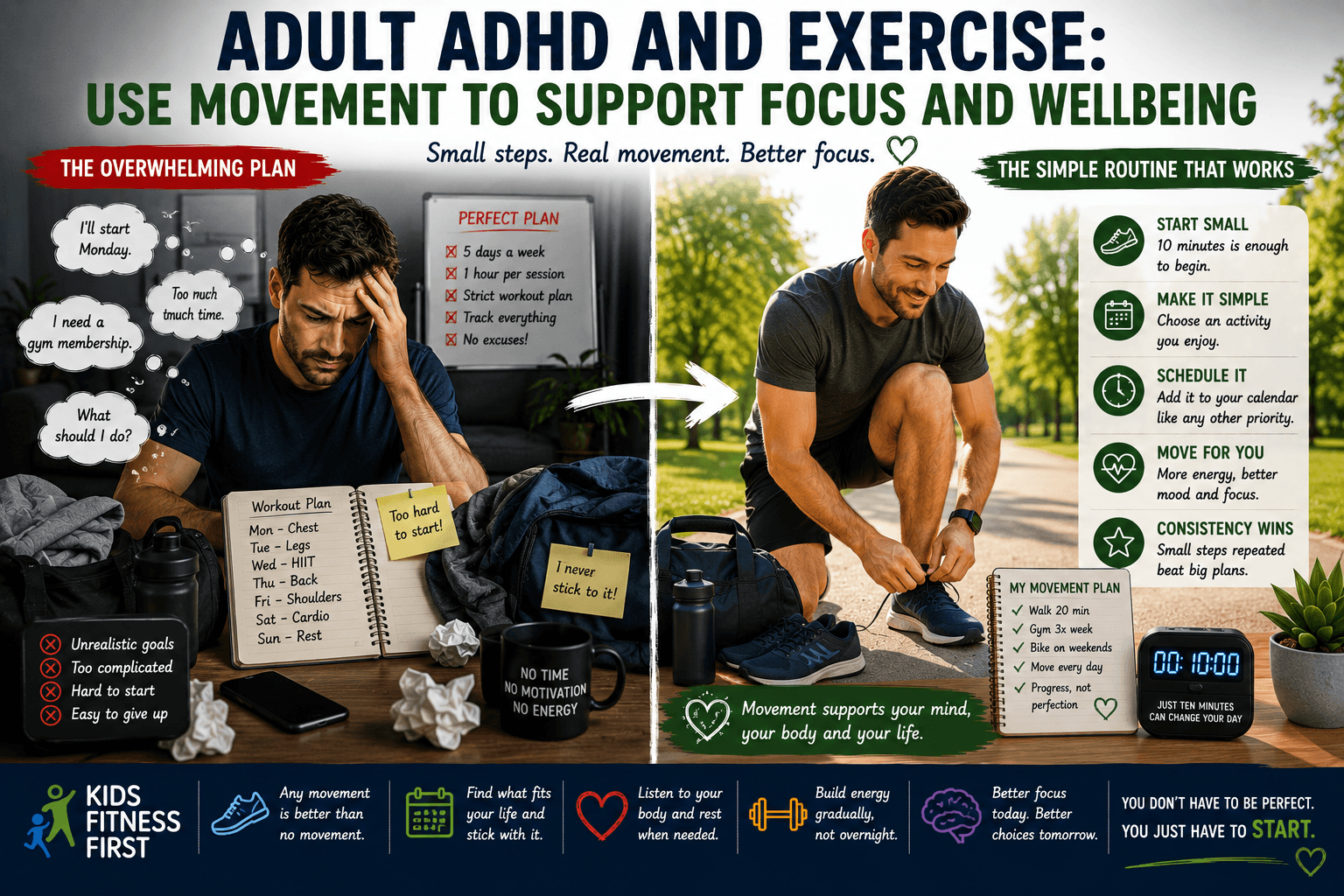 Adult ADHD and exercise shown through simple movement routines, realistic goals and reducing barriers to getting started