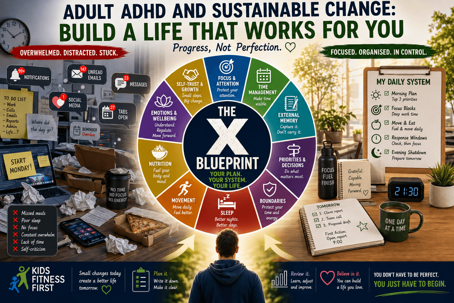 Adult ADHD and sustainable change shown through The X Blueprint of practical routines, focus, boundaries, wellbeing and everyday support systems
