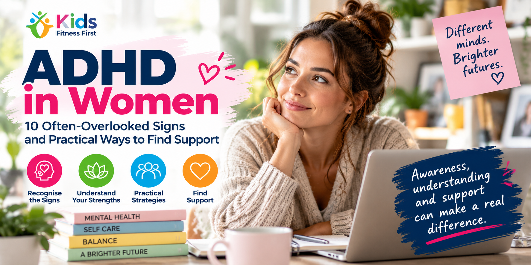 ADHD in Women educational graphic with a woman at a desk and guidance on recognising signs, understanding strengths, practical strategies and finding support