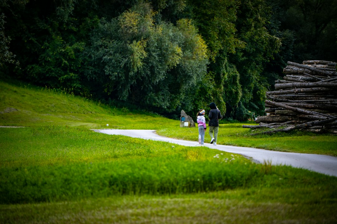 Adult and child walking together along a tree-lined path