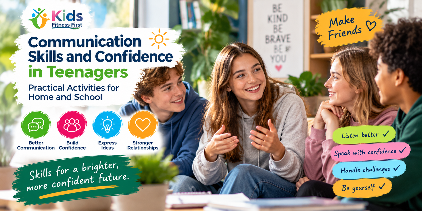 Four teenagers talking together, illustrating communication skills, confidence, listening and stronger relationships at home and school