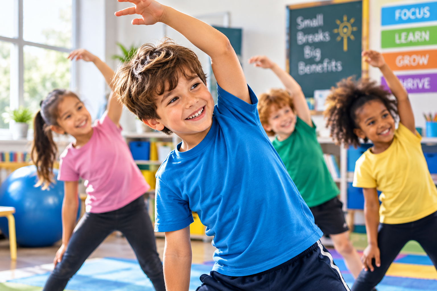 Children taking a classroom movement break, stretching together to support focus, learning and wellbeing.