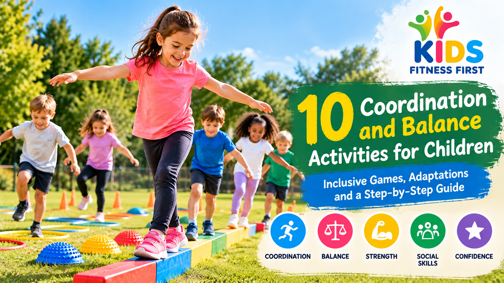 Children practising coordination and balance activities on a colourful outdoor obstacle course, featuring balance beams, hoops and stepping challenges.