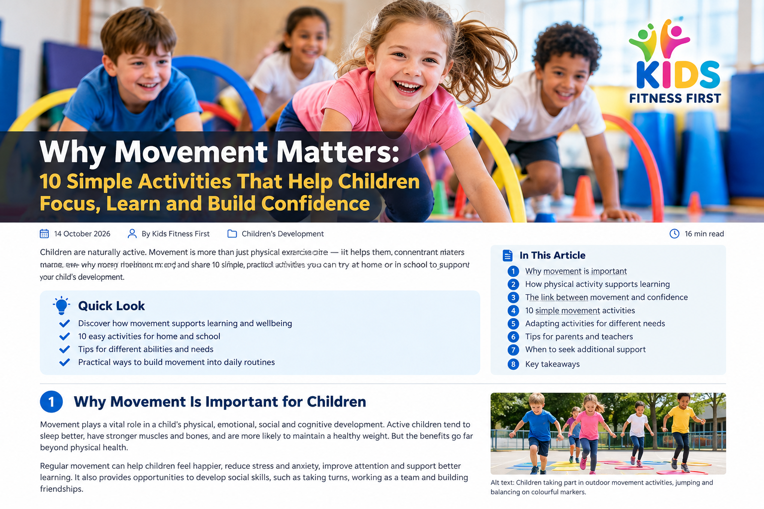 Kids Fitness First article featuring children enjoying movement activities that support focus, learning and confidence.