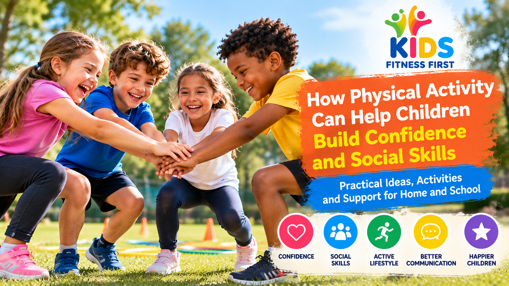 Four children working together in an outdoor team activity, illustrating how physical activity can support confidence, teamwork and social skills.