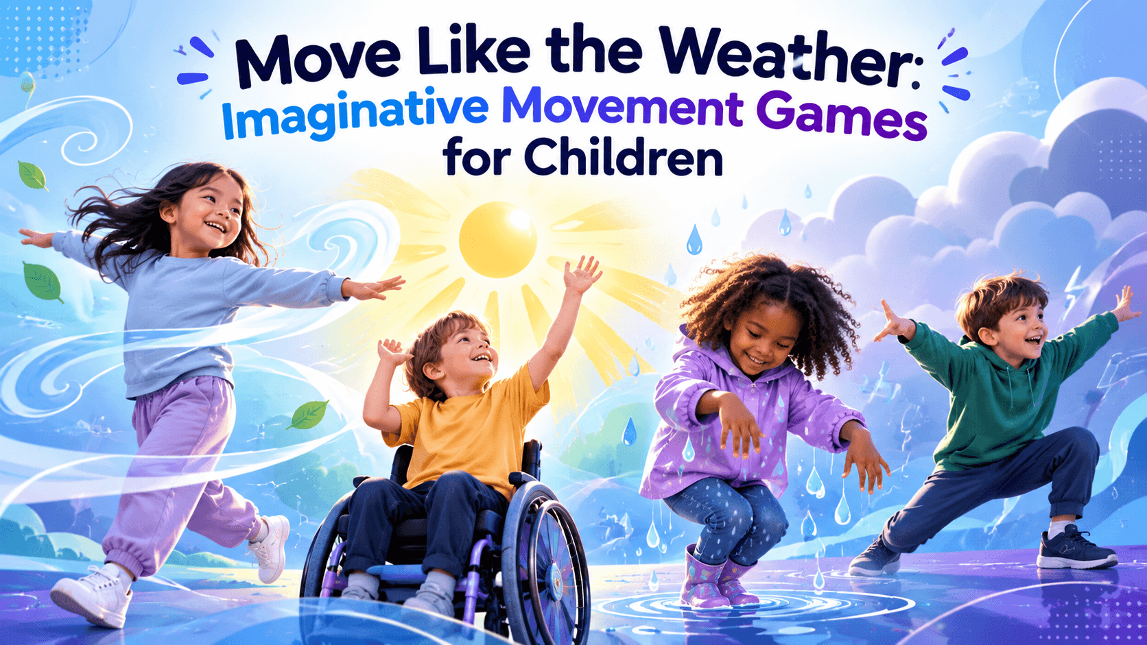 Four children, including a wheelchair user, enjoy inclusive weather-themed movement games inspired by sunshine, wind and rain.