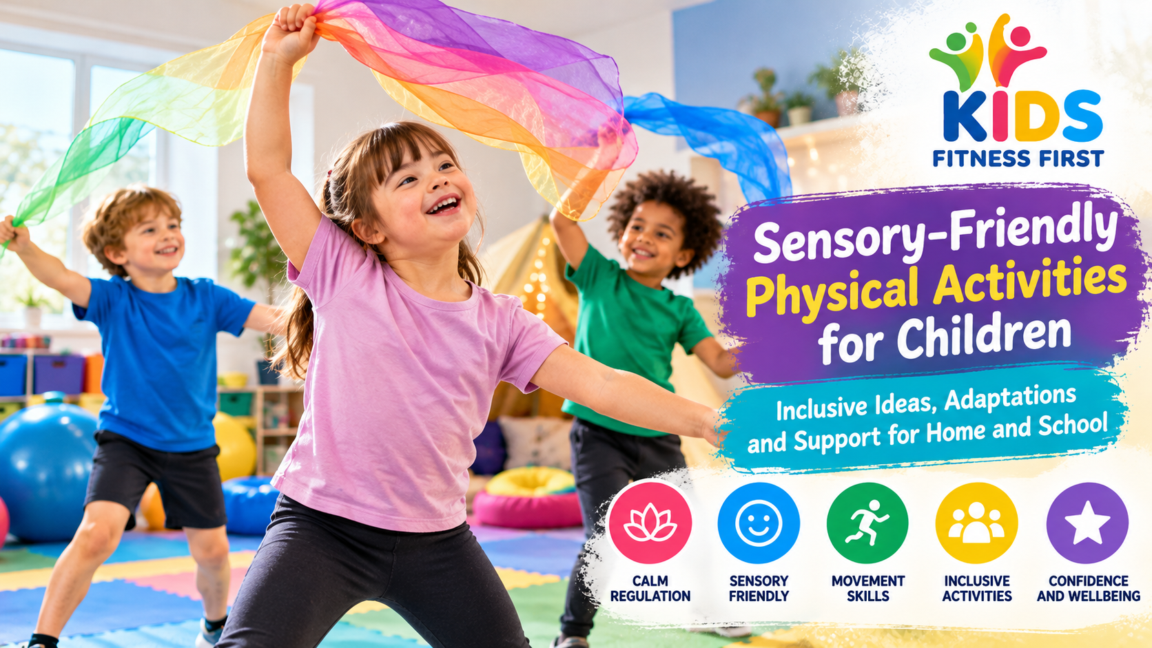 Children enjoying sensory-friendly physical activities with colourful scarves in an inclusive indoor play space.