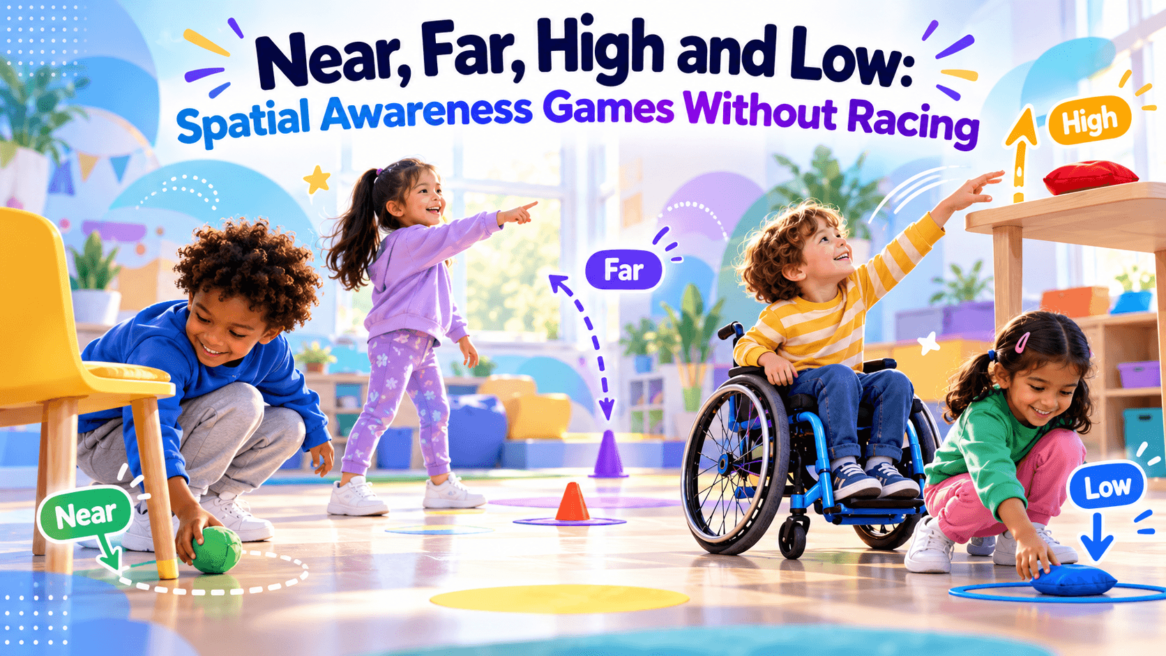 Children, including a wheelchair user, exploring near, far, high and low through inclusive spatial awareness games in a classroom.