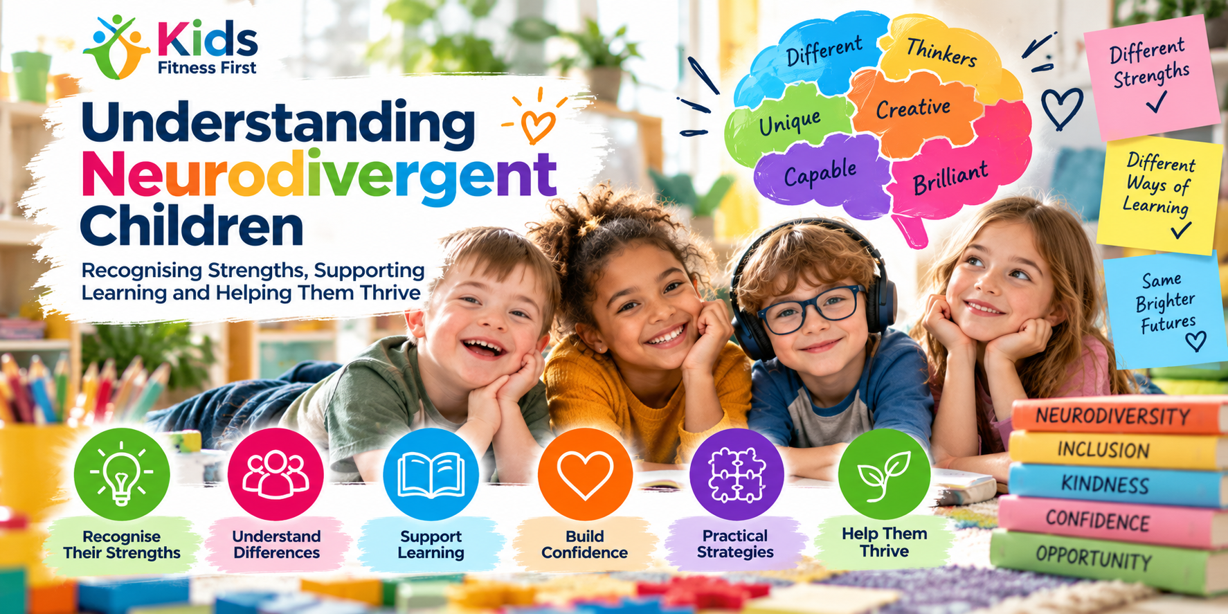 Four children learning together in an inclusive classroom illustration promoting neurodiversity, different learning styles, strengths and confidence